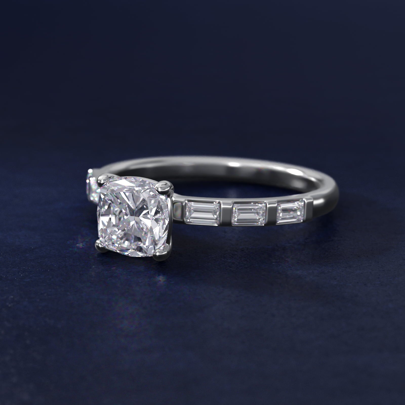 Straight Baguette Row Side Stone Diamond Engagement Ring In 18k White Gold By James Allen - Cushion Center