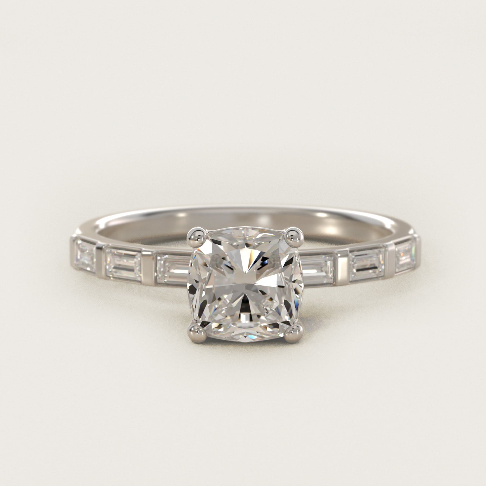Straight Baguette Row Side Stone Diamond Engagement Ring In Platinum By James Allen - Cushion Center