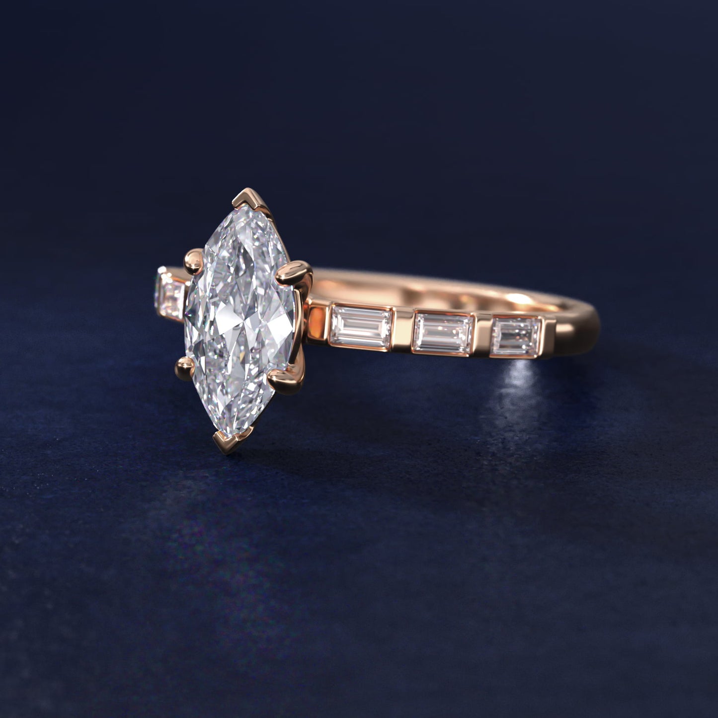 Straight Baguette Row Side Stone Diamond Engagement Ring In 18k Rose Gold By James Allen - Marquise Center