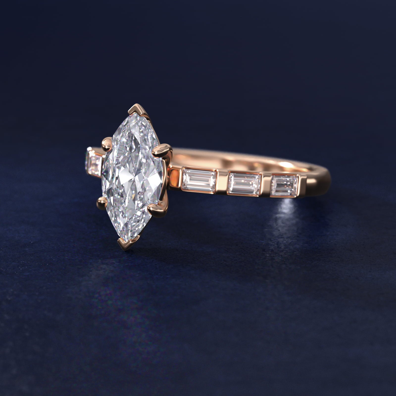 Straight Baguette Row Side Stone Diamond Engagement Ring In 18k Rose Gold By James Allen - Marquise Center