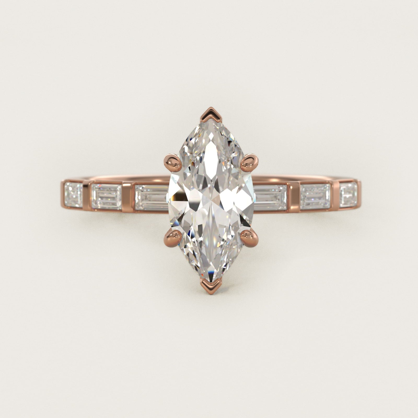Straight Baguette Row Side Stone Diamond Engagement Ring In 18k Rose Gold By James Allen - Marquise Center