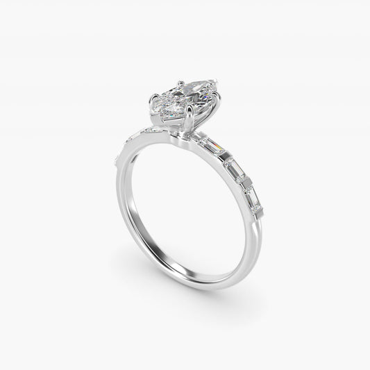 Straight Baguette Row Side Stone Diamond Engagement Ring In 14K White Gold By James Allen - Marquise Center