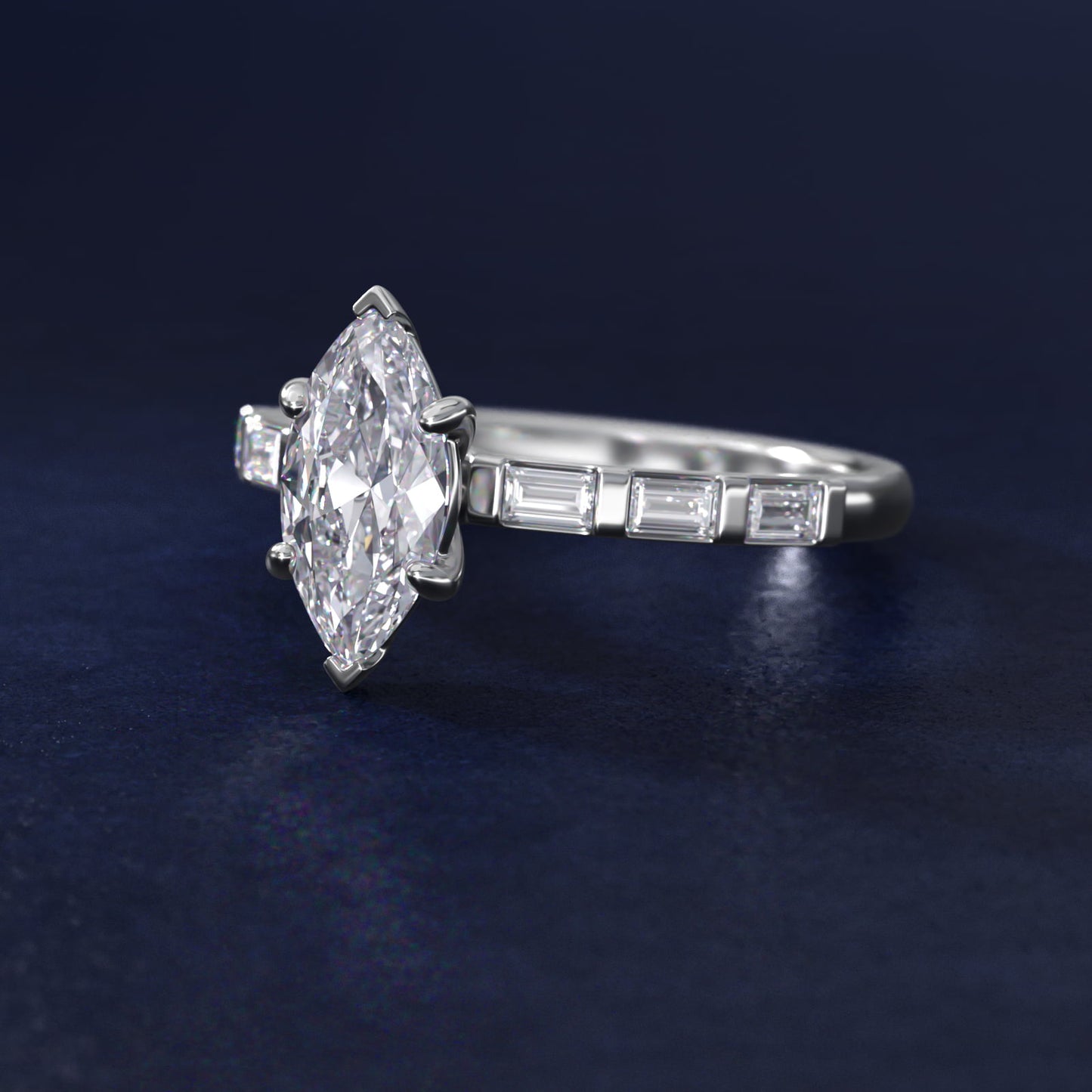 Straight Baguette Row Side Stone Diamond Engagement Ring In 18k White Gold By James Allen - Marquise Center