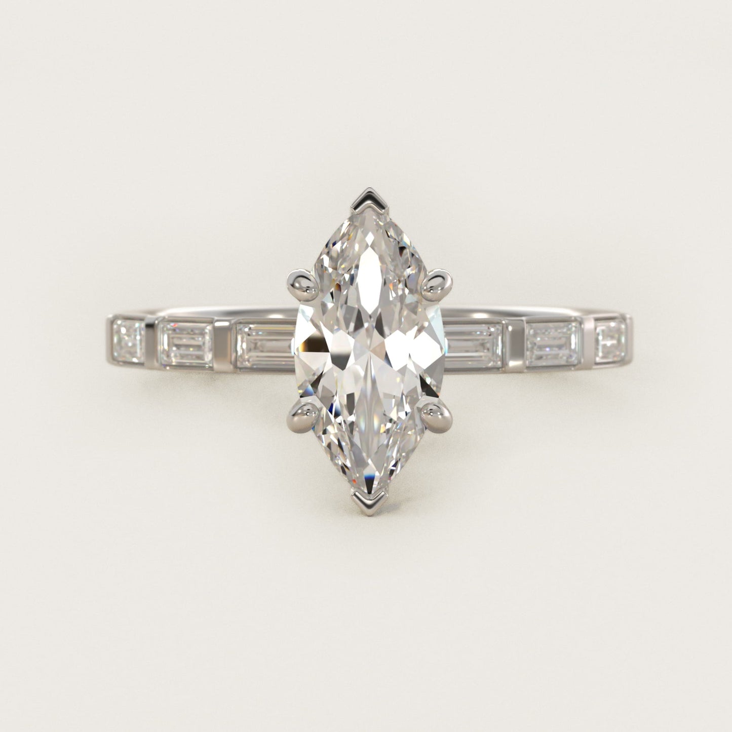 Straight Baguette Row Side Stone Diamond Engagement Ring In 14K White Gold By James Allen - Marquise Center