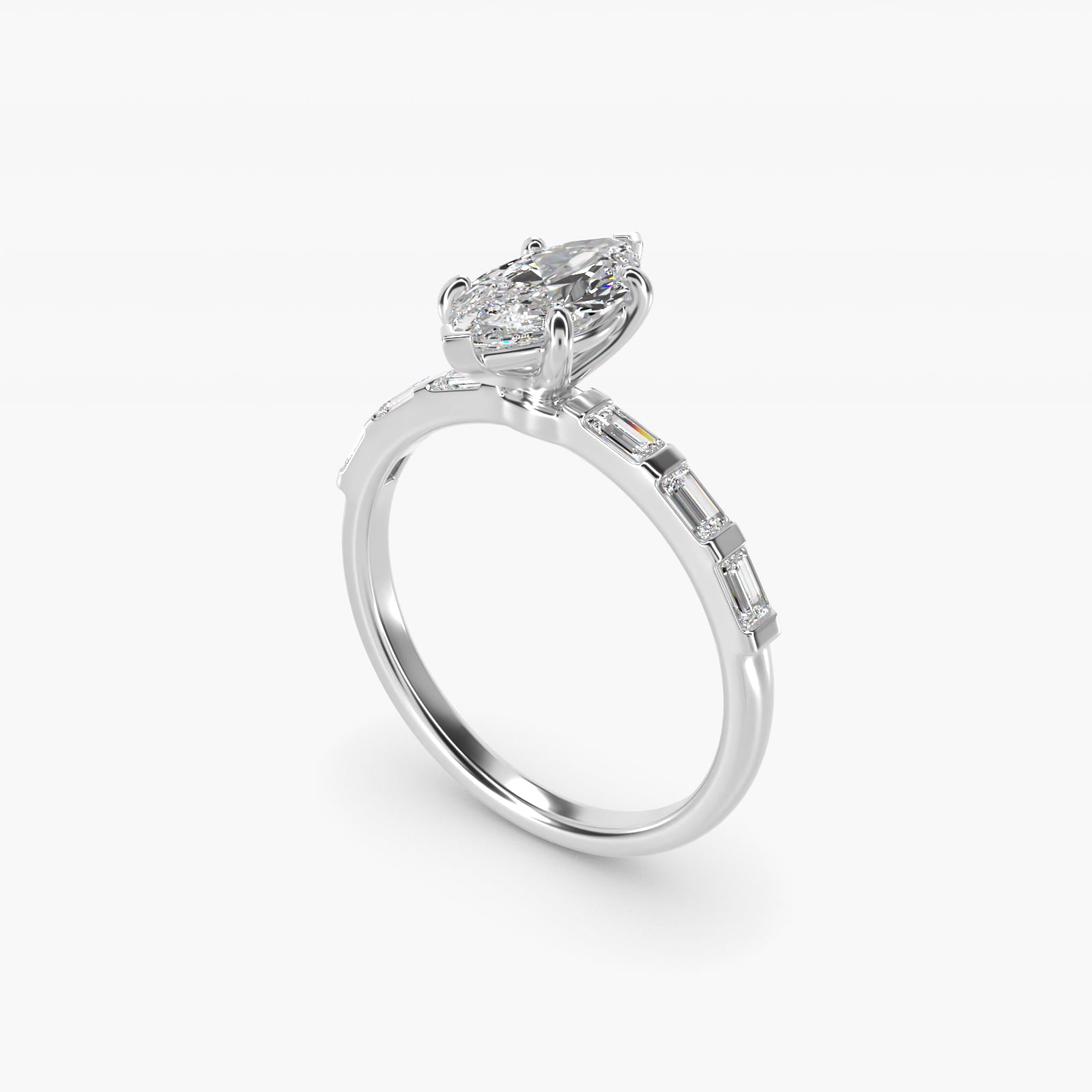 Straight Baguette Row Side Stone Diamond Engagement Ring In Platinum By James Allen - Marquise Center