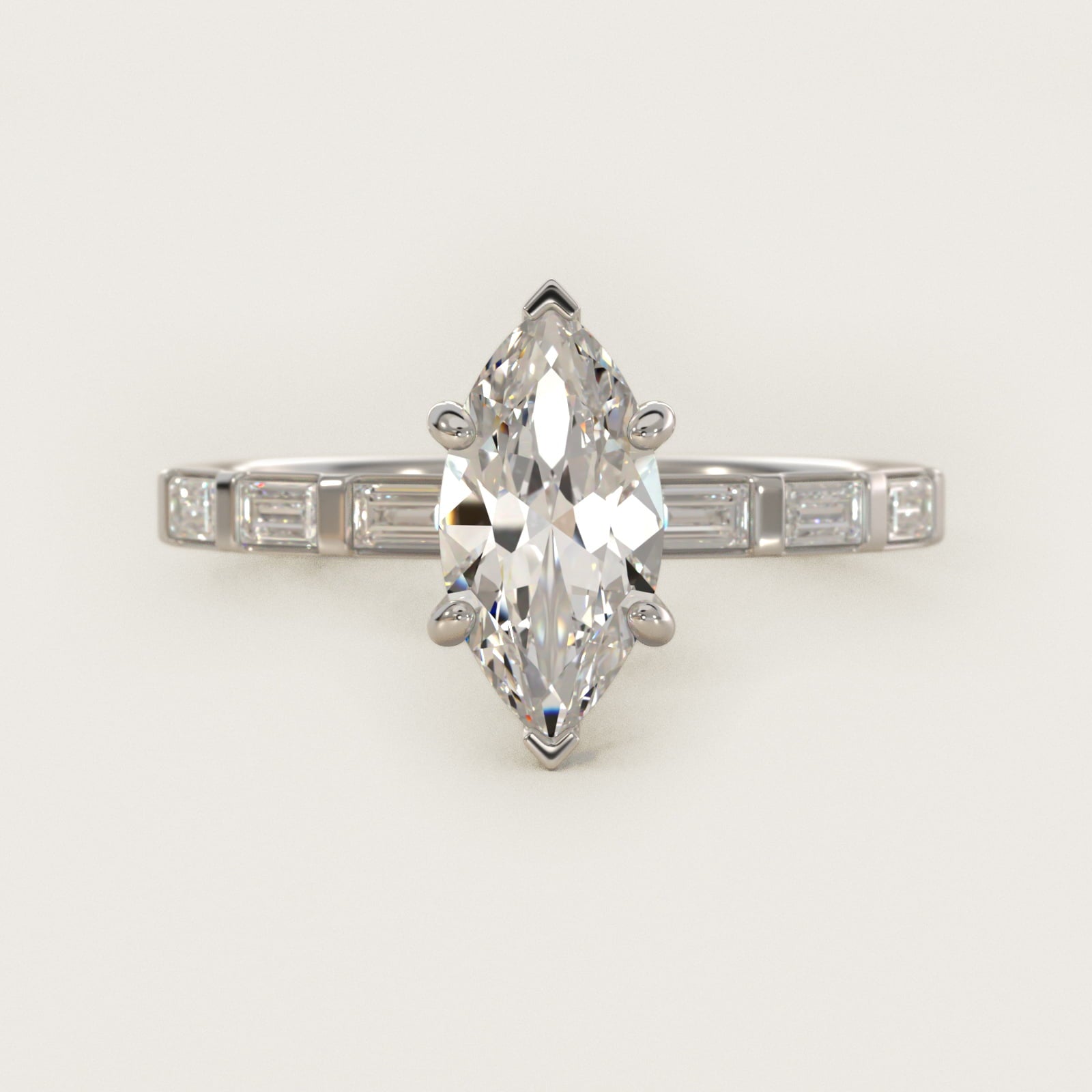 Straight Baguette Row Side Stone Diamond Engagement Ring In Platinum By James Allen - Marquise Center
