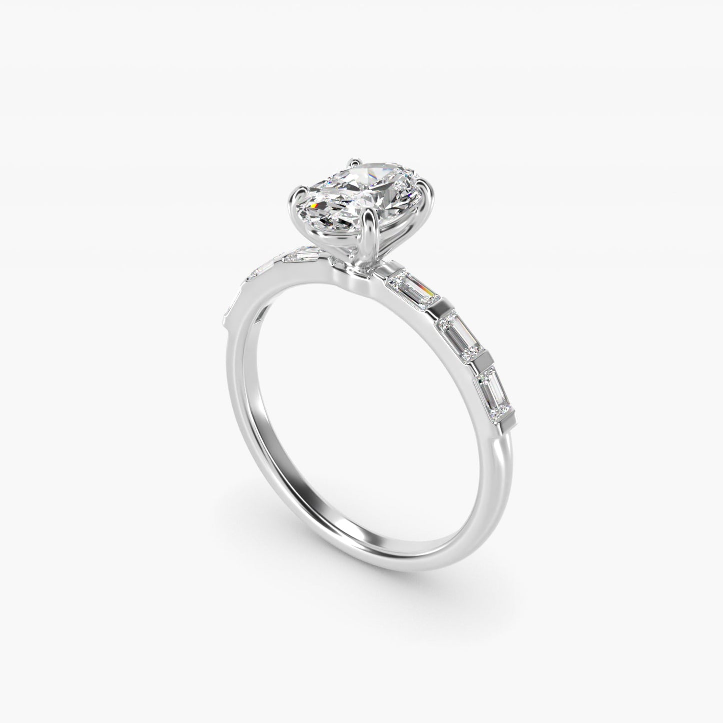 Straight Baguette Row Side Stone Diamond Engagement Ring In Platinum By James Allen - Oval Center