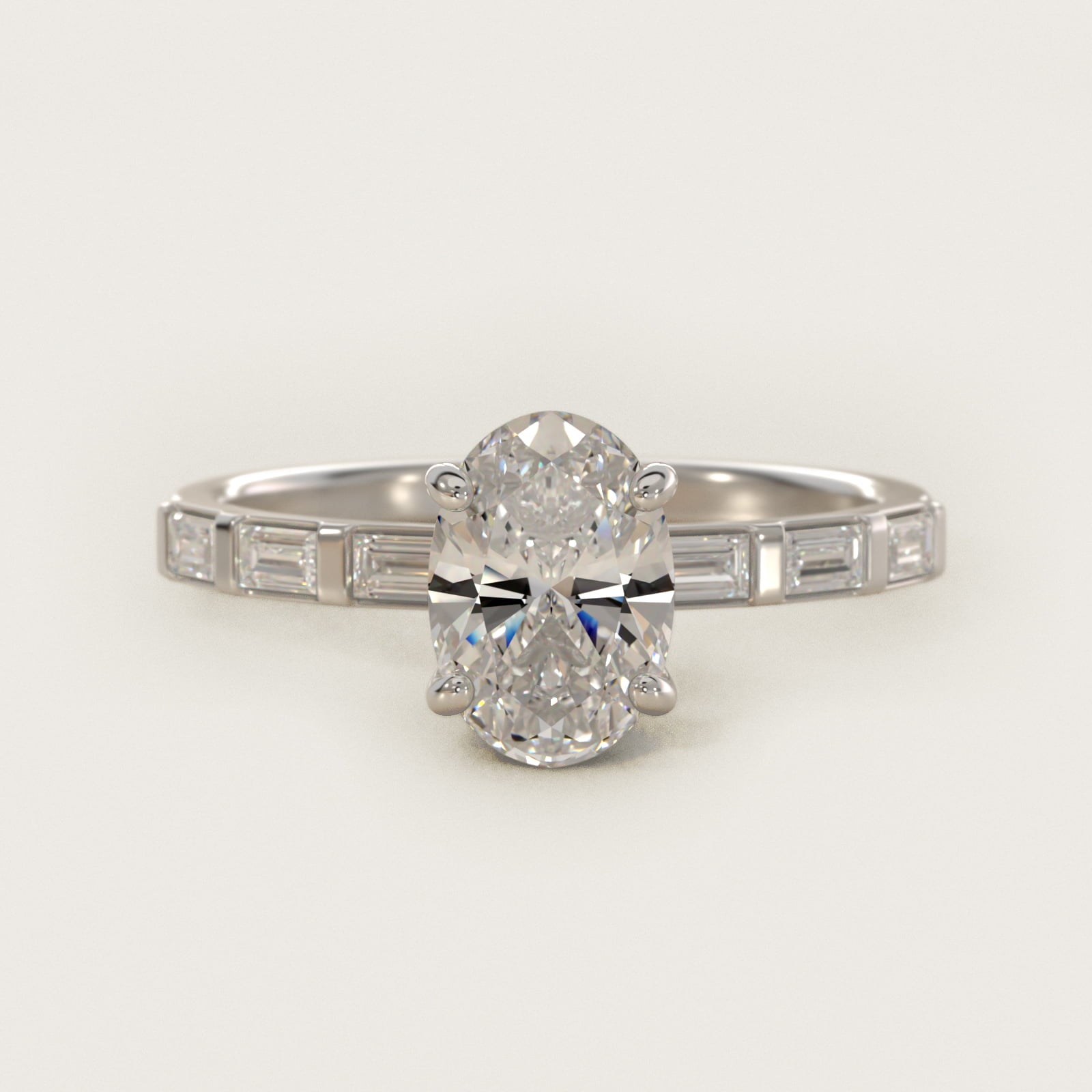 Straight Baguette Row Side Stone Diamond Engagement Ring In Platinum By James Allen - Oval Center