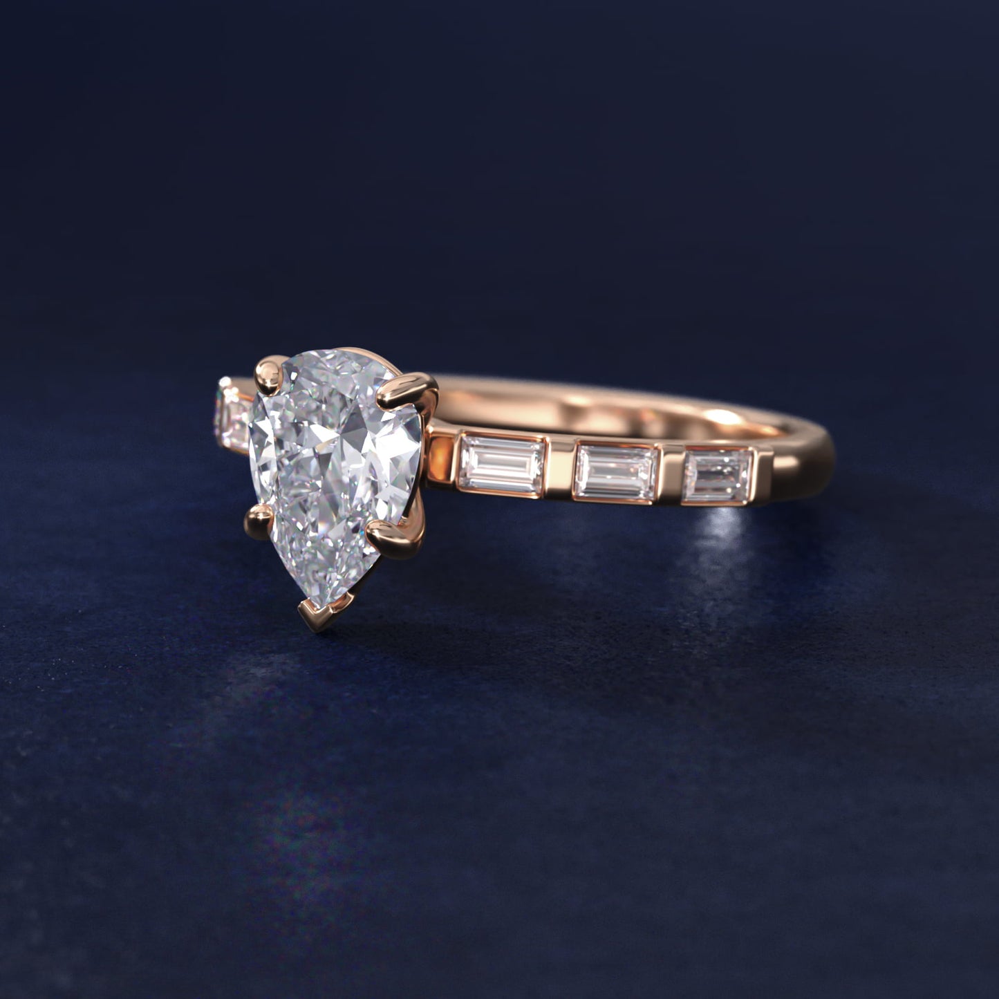 Straight Baguette Row Side Stone Diamond Engagement Ring In 18k Rose Gold By James Allen - Pear Center