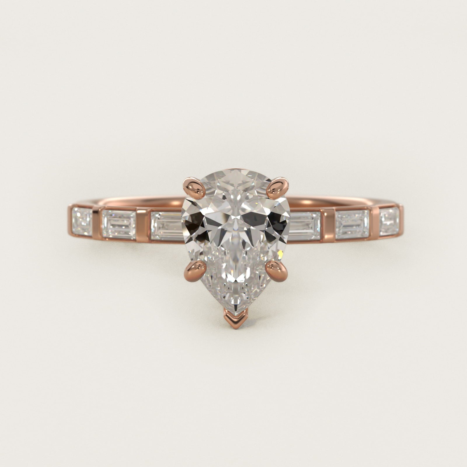 Straight Baguette Row Side Stone Diamond Engagement Ring In 18k Rose Gold By James Allen - Pear Center