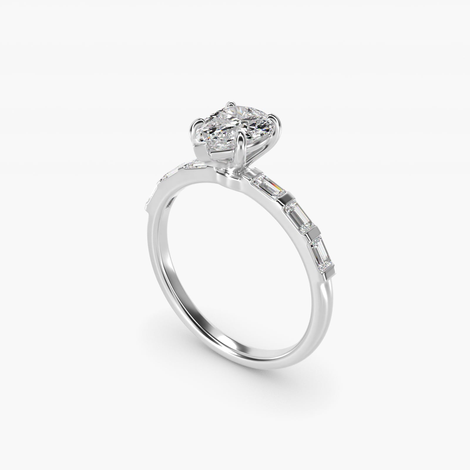 Straight Baguette Row Side Stone Diamond Engagement Ring In 18k White Gold By James Allen - Pear Center