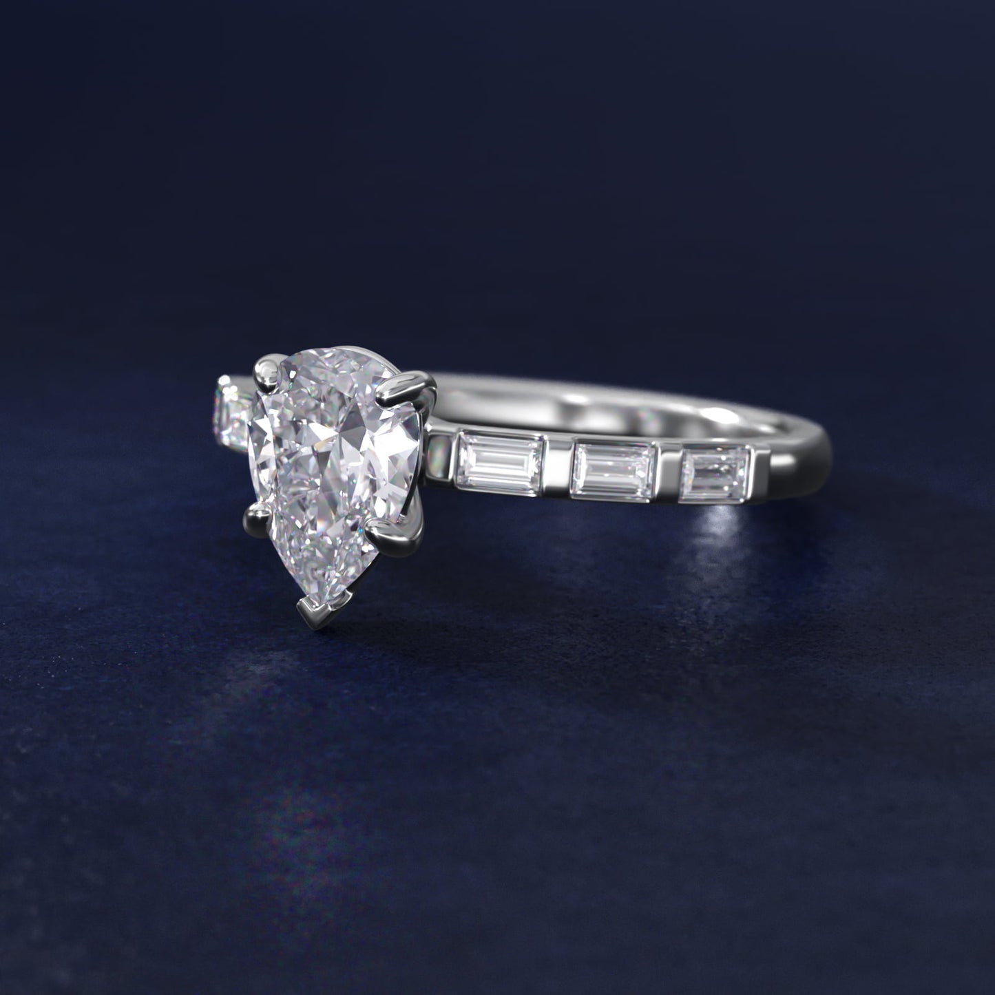 Straight Baguette Row Side Stone Diamond Engagement Ring In 14K White Gold By James Allen - Pear Center