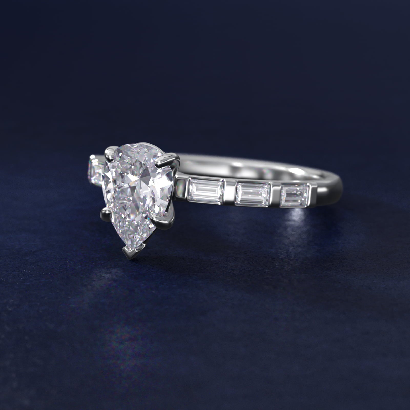 Straight Baguette Row Side Stone Diamond Engagement Ring In 14K White Gold By James Allen - Pear Center