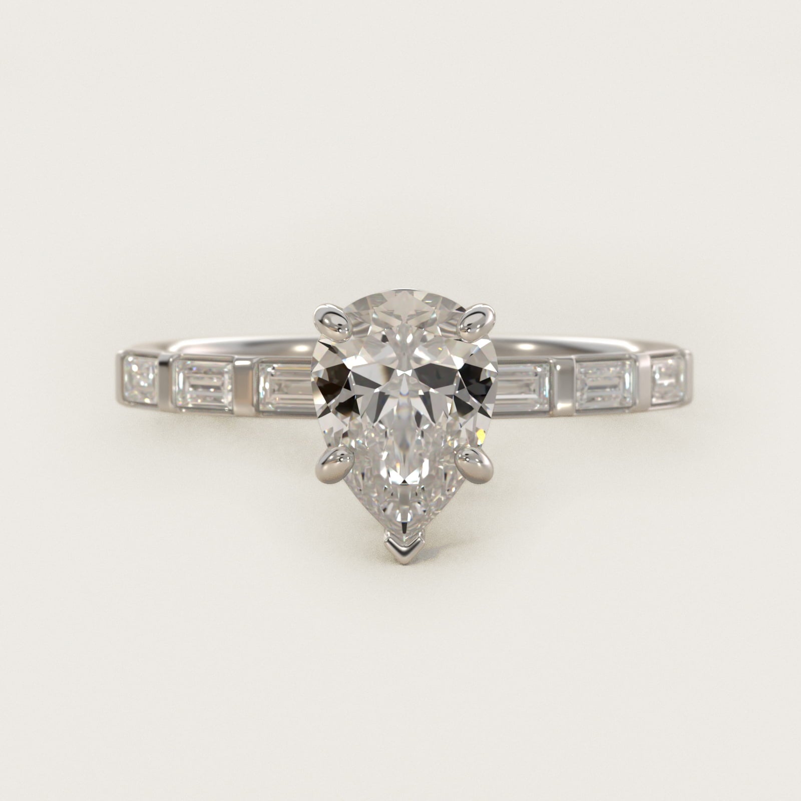 Straight Baguette Row Side Stone Diamond Engagement Ring In 14K White Gold By James Allen - Pear Center