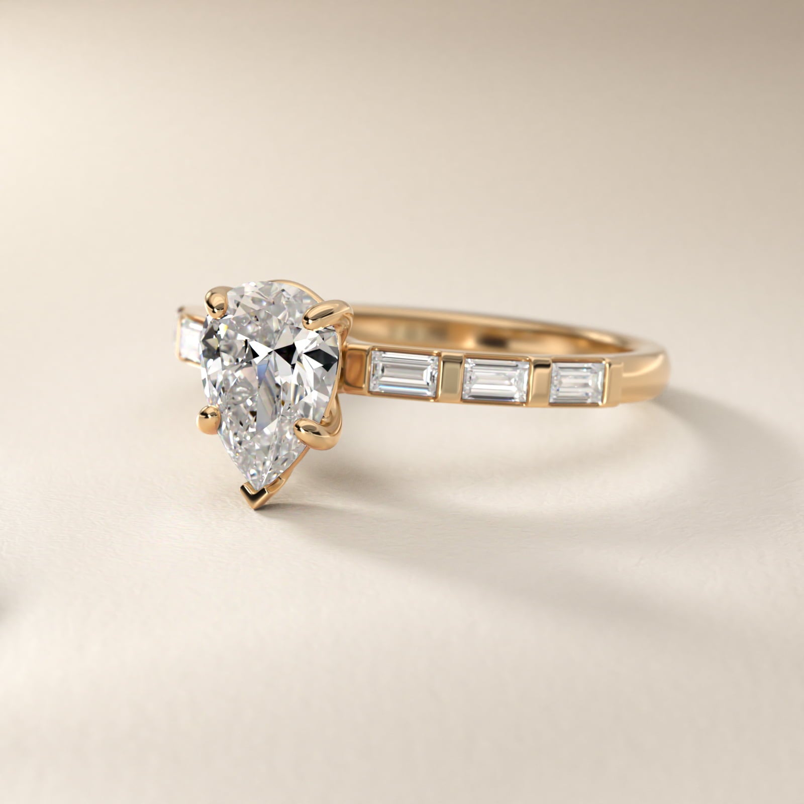 Straight Baguette Row Side Stone Diamond Engagement Ring In 14K Yellow Gold By James Allen - Pear Center