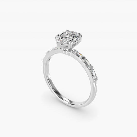 Straight Baguette Row Side Stone Diamond Engagement Ring In Platinum By James Allen - Pear Center