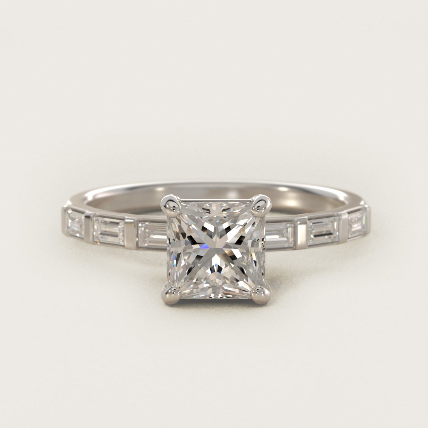 Straight Baguette Row Side Stone Diamond Engagement Ring In 18k White Gold By James Allen - Princess Center