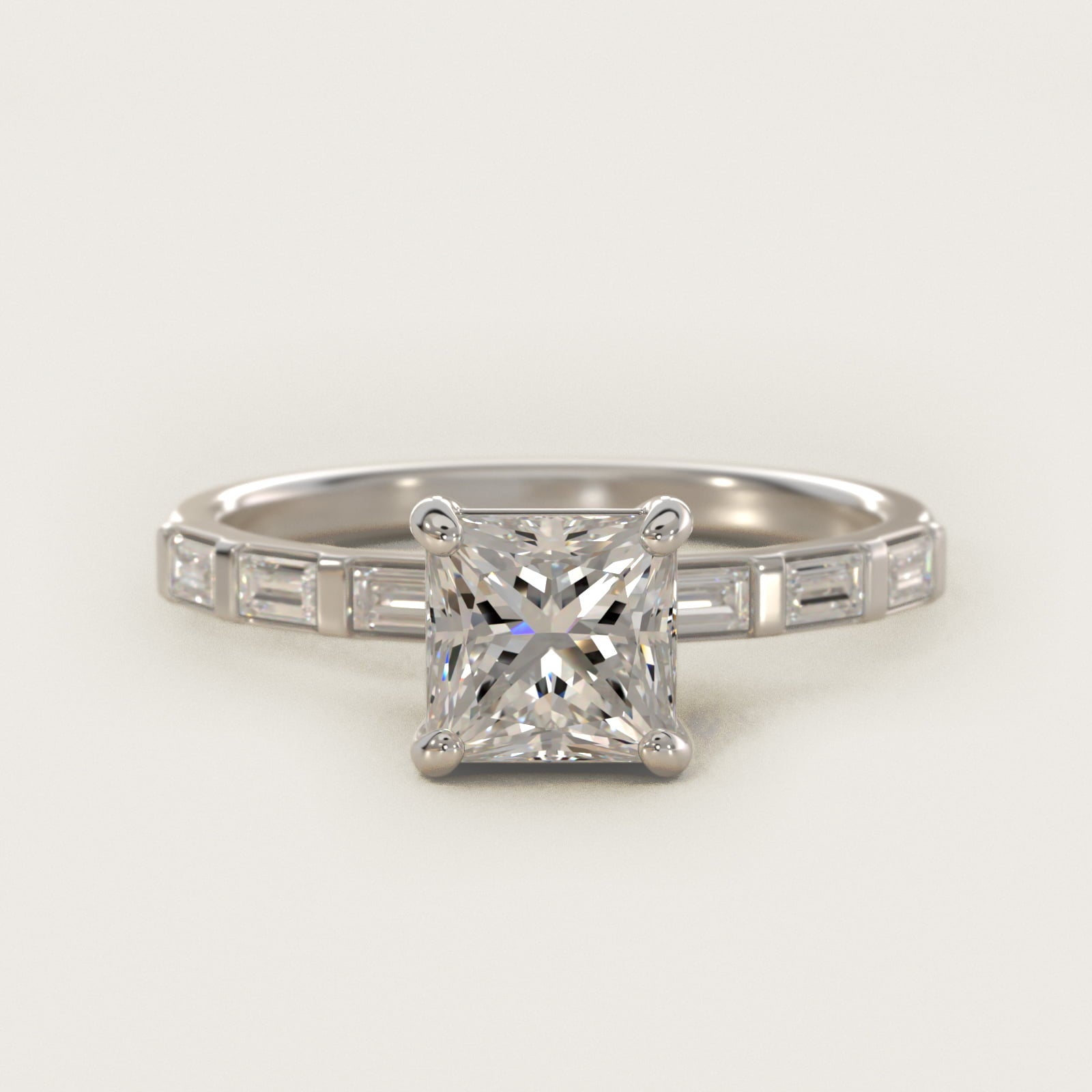 Straight Baguette Row Side Stone Diamond Engagement Ring In 18k White Gold By James Allen - Princess Center