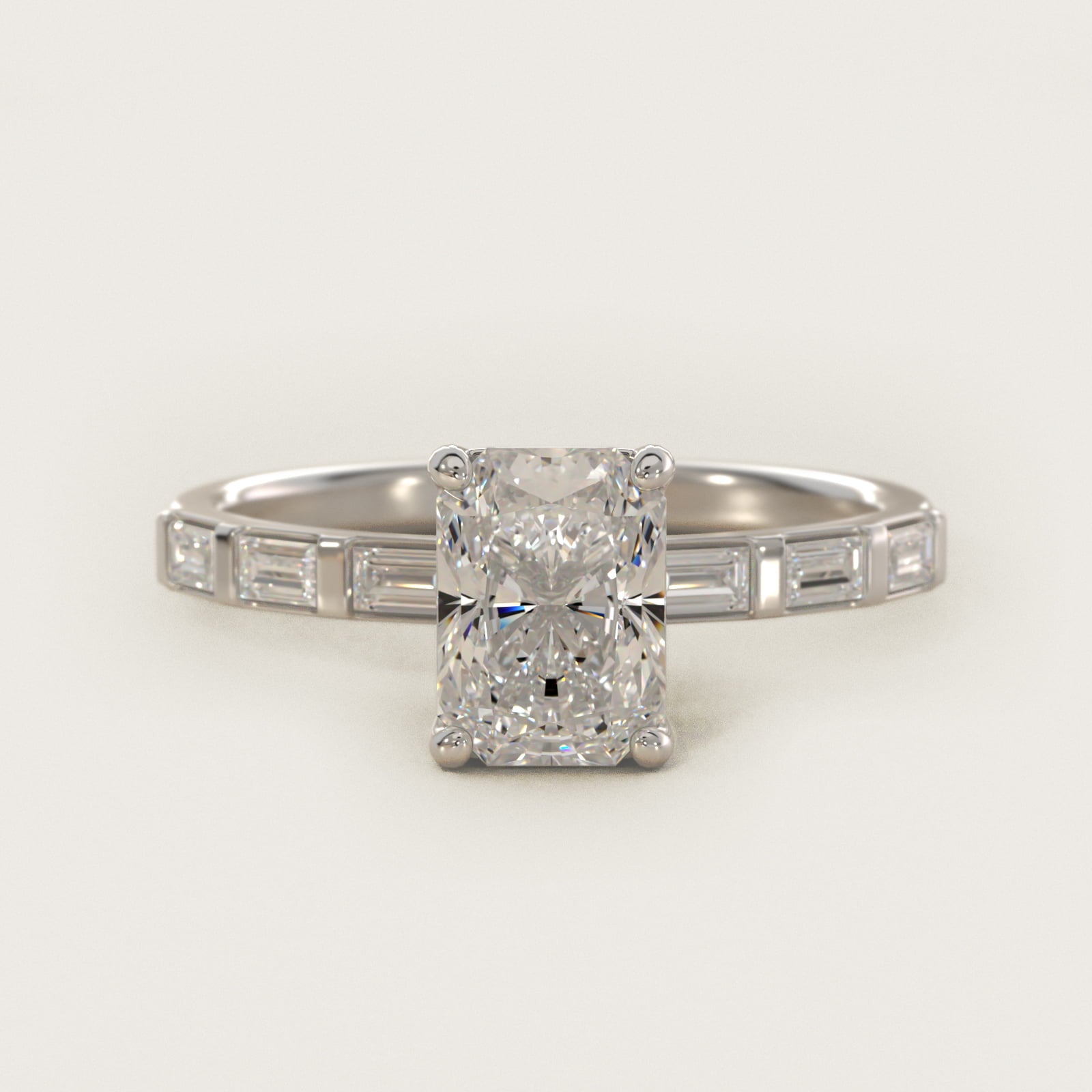 Straight Baguette Row Side Stone Diamond Engagement Ring In Platinum By James Allen - Radiant Center
