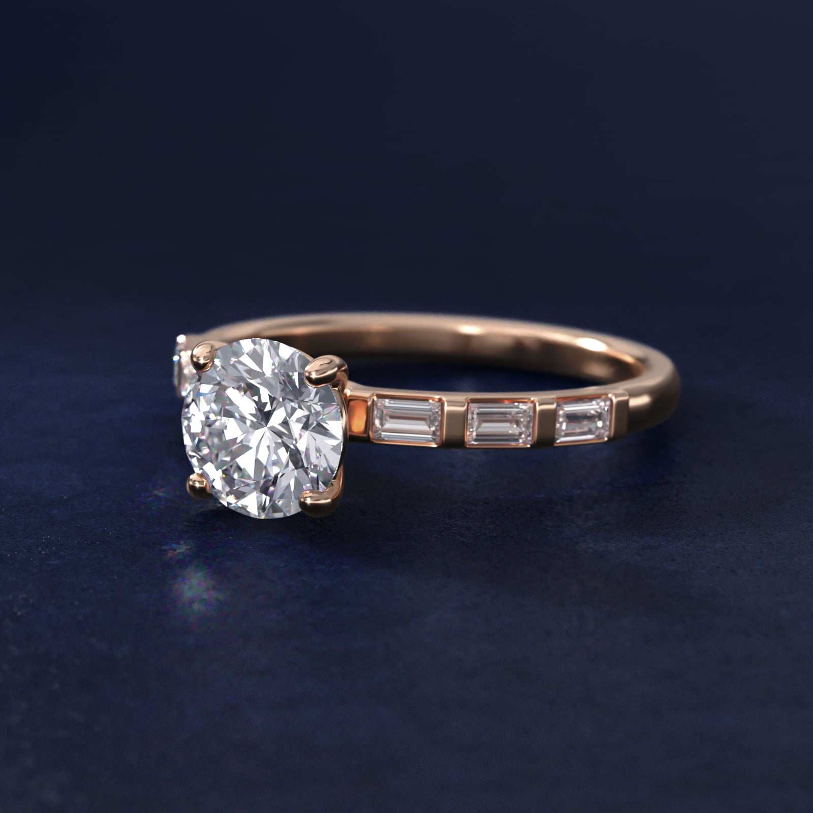Straight Baguette Row Side Stone Diamond Engagement Ring In 18k Rose Gold By James Allen - Round Center