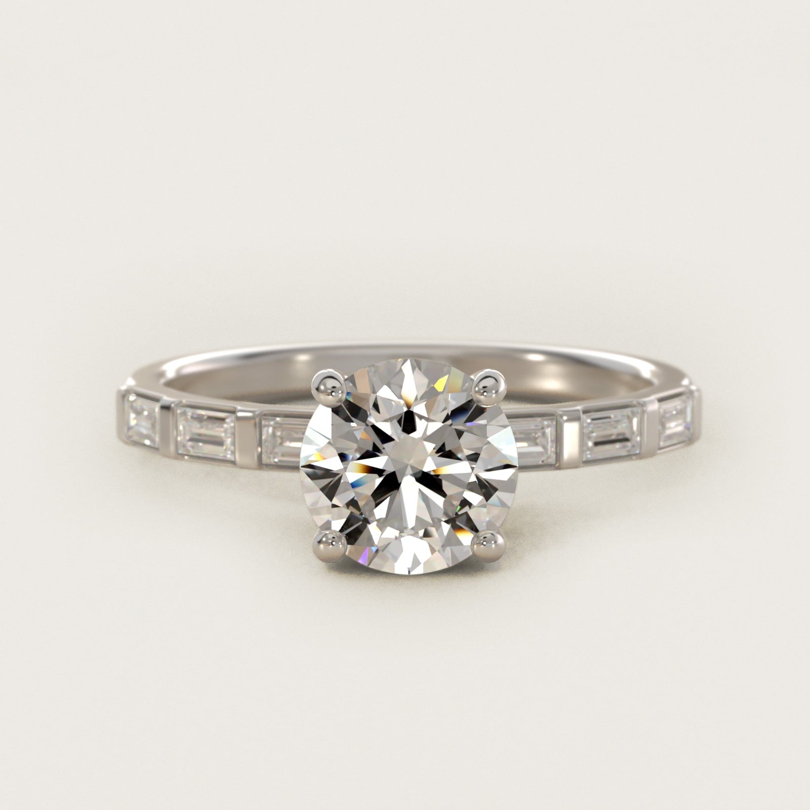 Straight Baguette Row Side Stone Diamond Engagement Ring In 18k White Gold By James Allen - Round Center