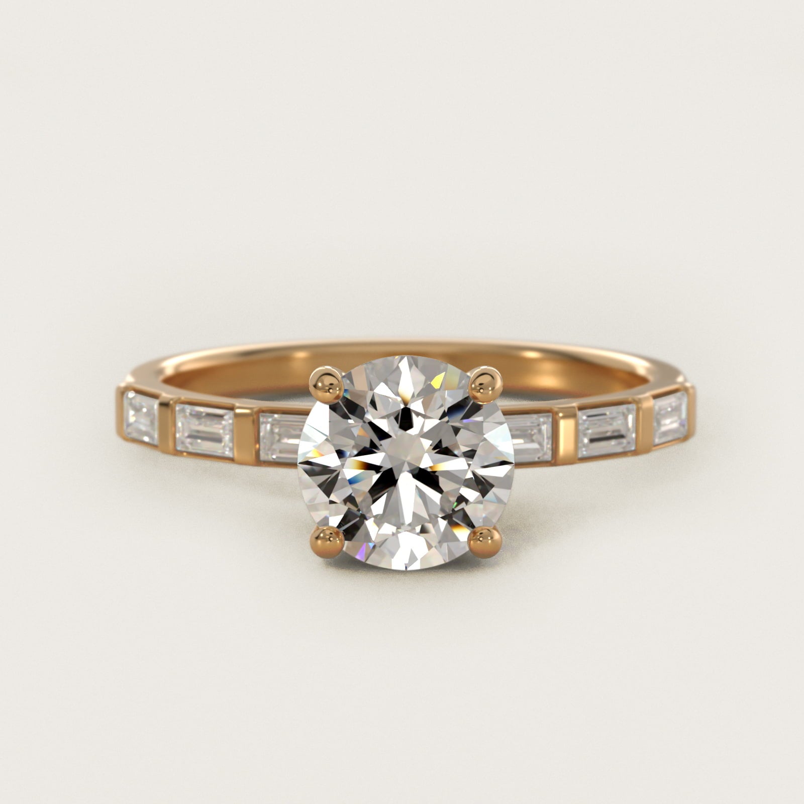Straight Baguette Row Side Stone Diamond Engagement Ring In 14K Yellow Gold By James Allen - Round Center
