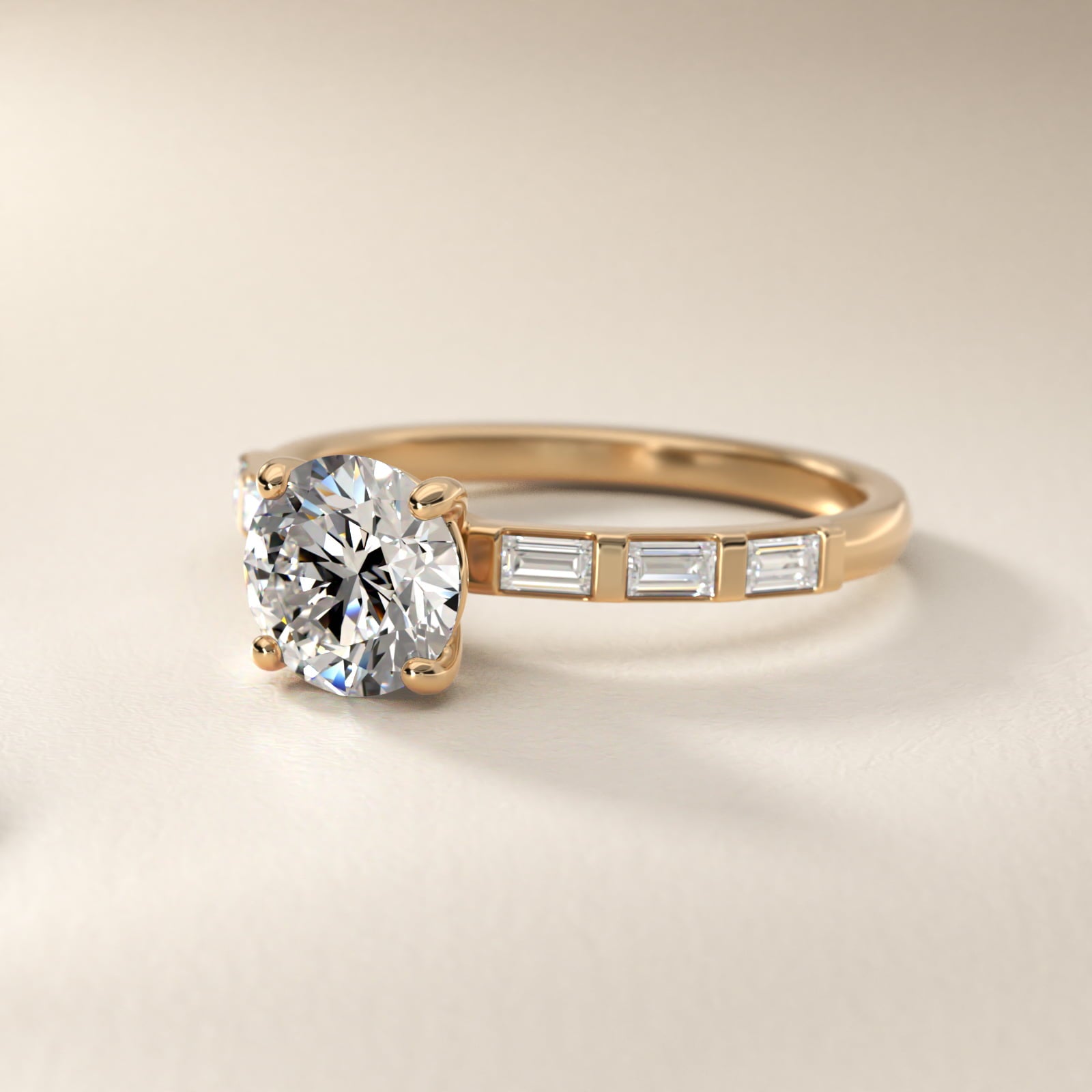 Straight Baguette Row Side Stone Diamond Engagement Ring In 18k Yellow Gold By James Allen - Round Center
