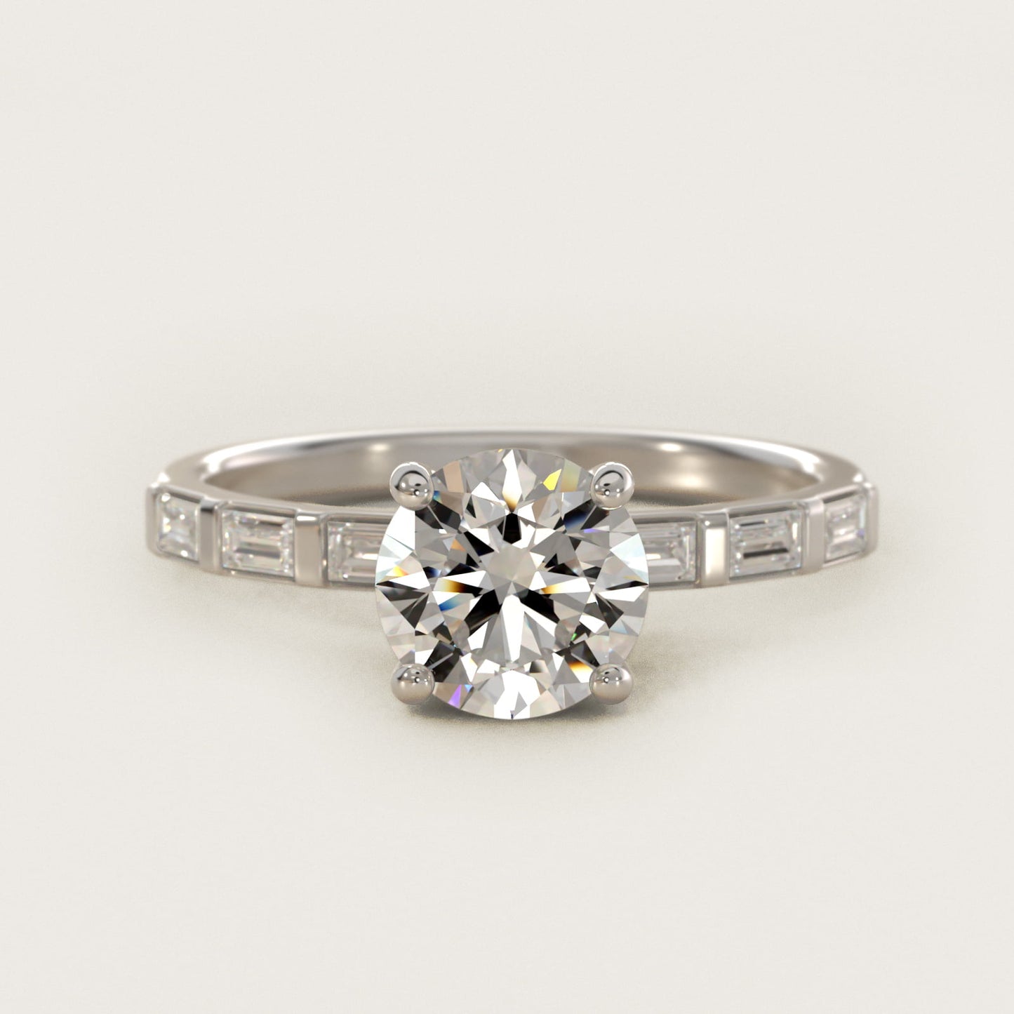 Straight Baguette Row Side Stone Diamond Engagement Ring In Platinum By James Allen - Round Center