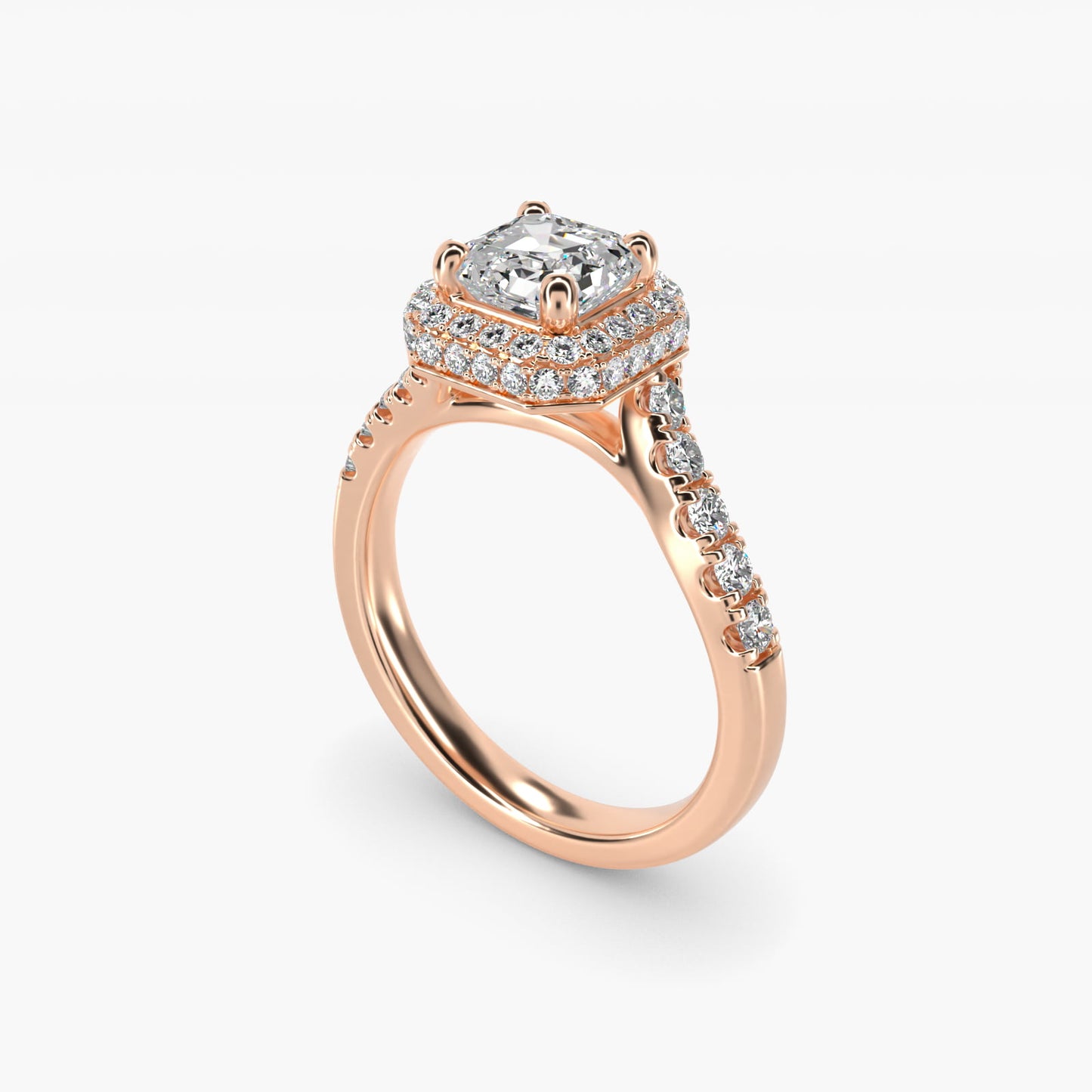 Swirl Rollover Halo Diamond Engagement Ring in 14k Rose Gold - Asscher Center