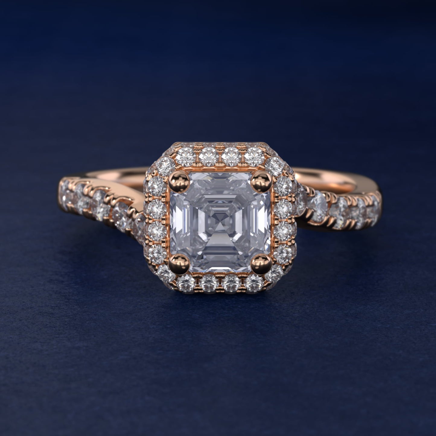 Swirl Rollover Halo Diamond Engagement Ring in 18k Rose Gold - Asscher Center