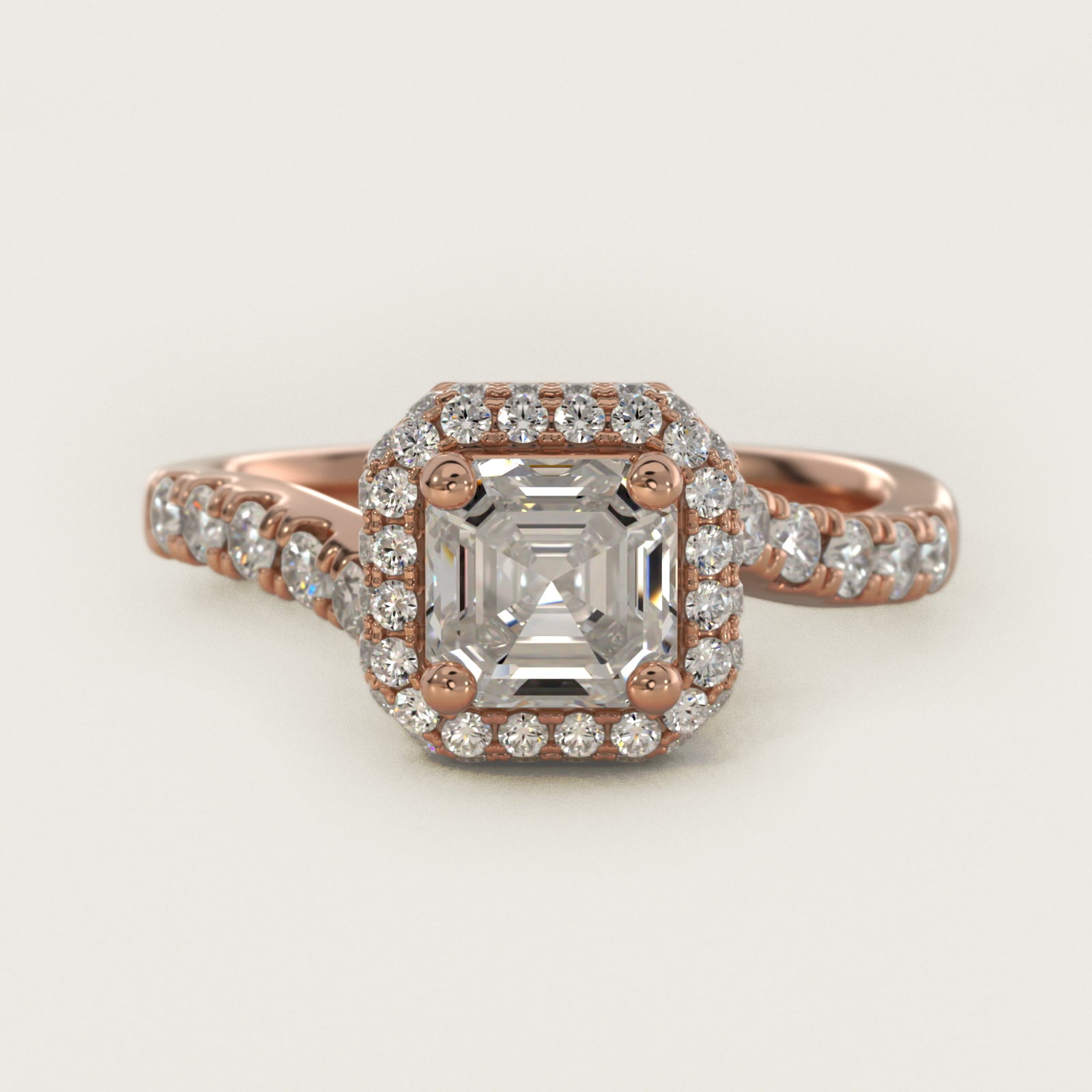 Swirl Rollover Halo Diamond Engagement Ring in 14k Rose Gold - Asscher Center