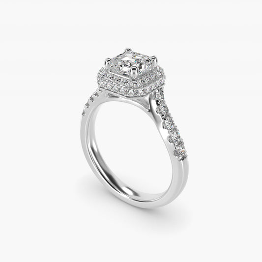 Swirl Rollover Halo Diamond Engagement Ring in 14k White Gold - Asscher Center