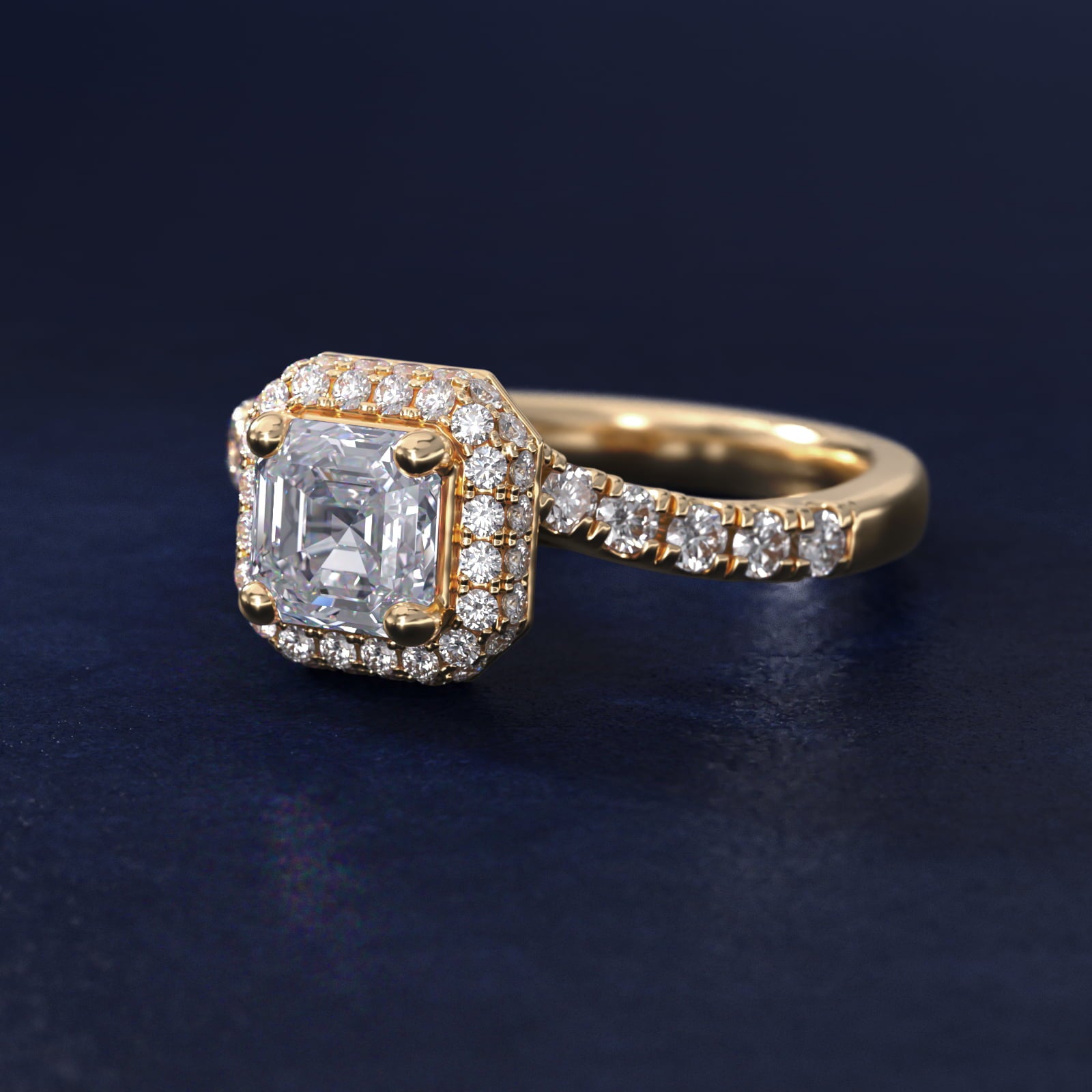 Swirl Rollover Halo Diamond Engagement Ring in 18k Yellow Gold - Asscher Center
