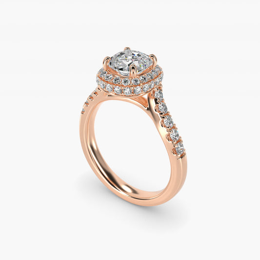 Swirl Rollover Halo Diamond Engagement Ring in 14k Rose Gold - Cushion Center