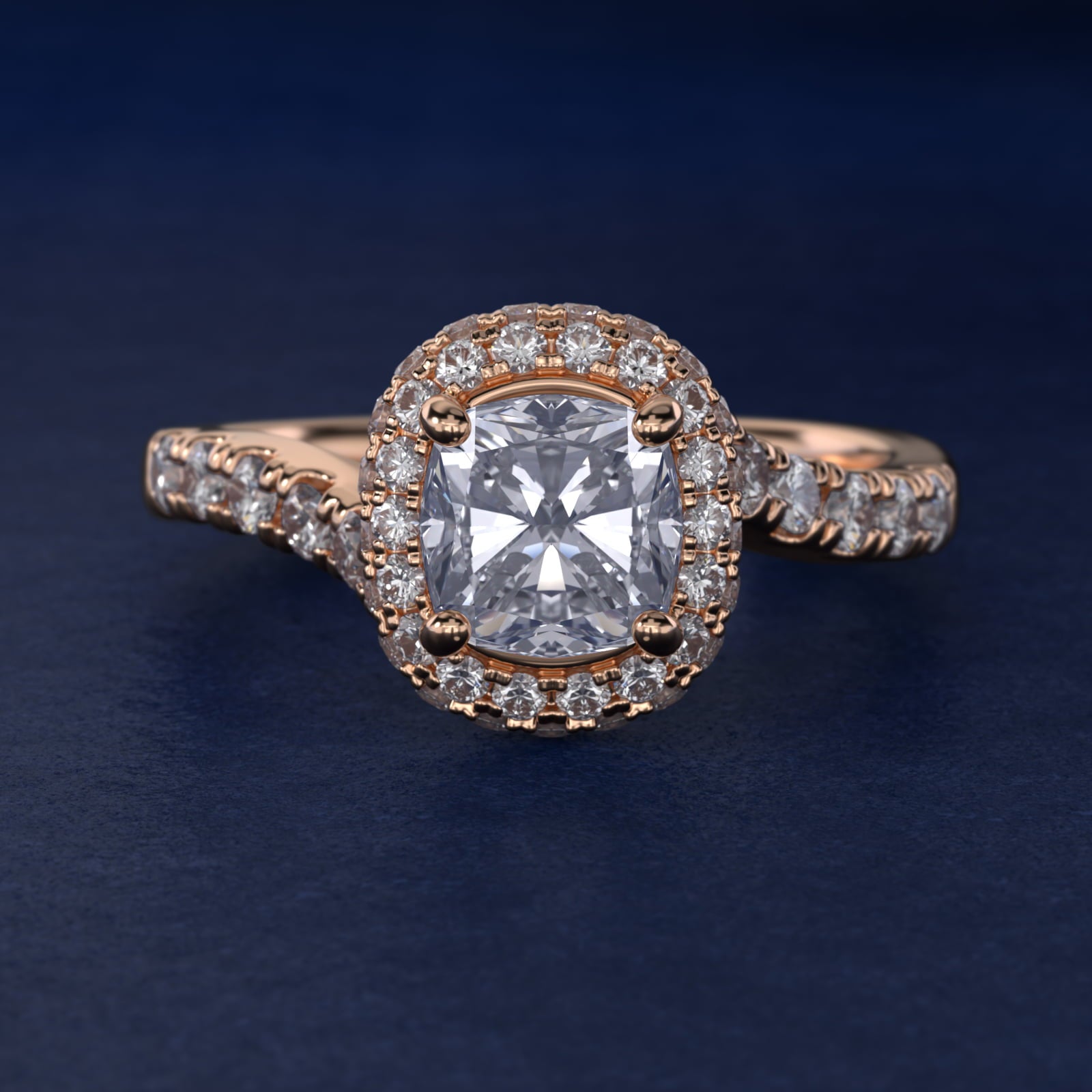 Swirl Rollover Halo Diamond Engagement Ring in 18k Rose Gold - Cushion Center