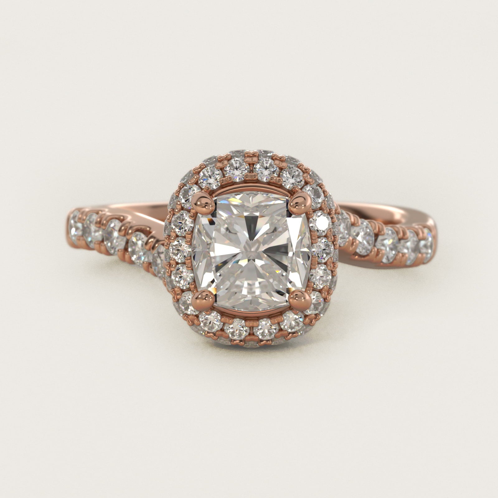 Swirl Rollover Halo Diamond Engagement Ring in 14k Rose Gold - Cushion Center