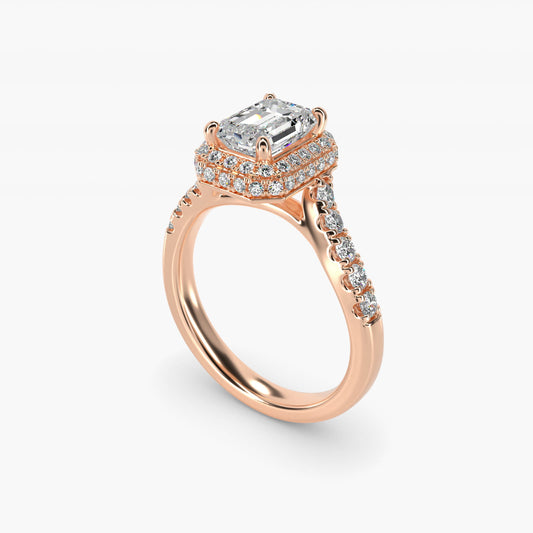 Swirl Rollover Halo Diamond Engagement Ring in 14k Rose Gold - Emerald Center