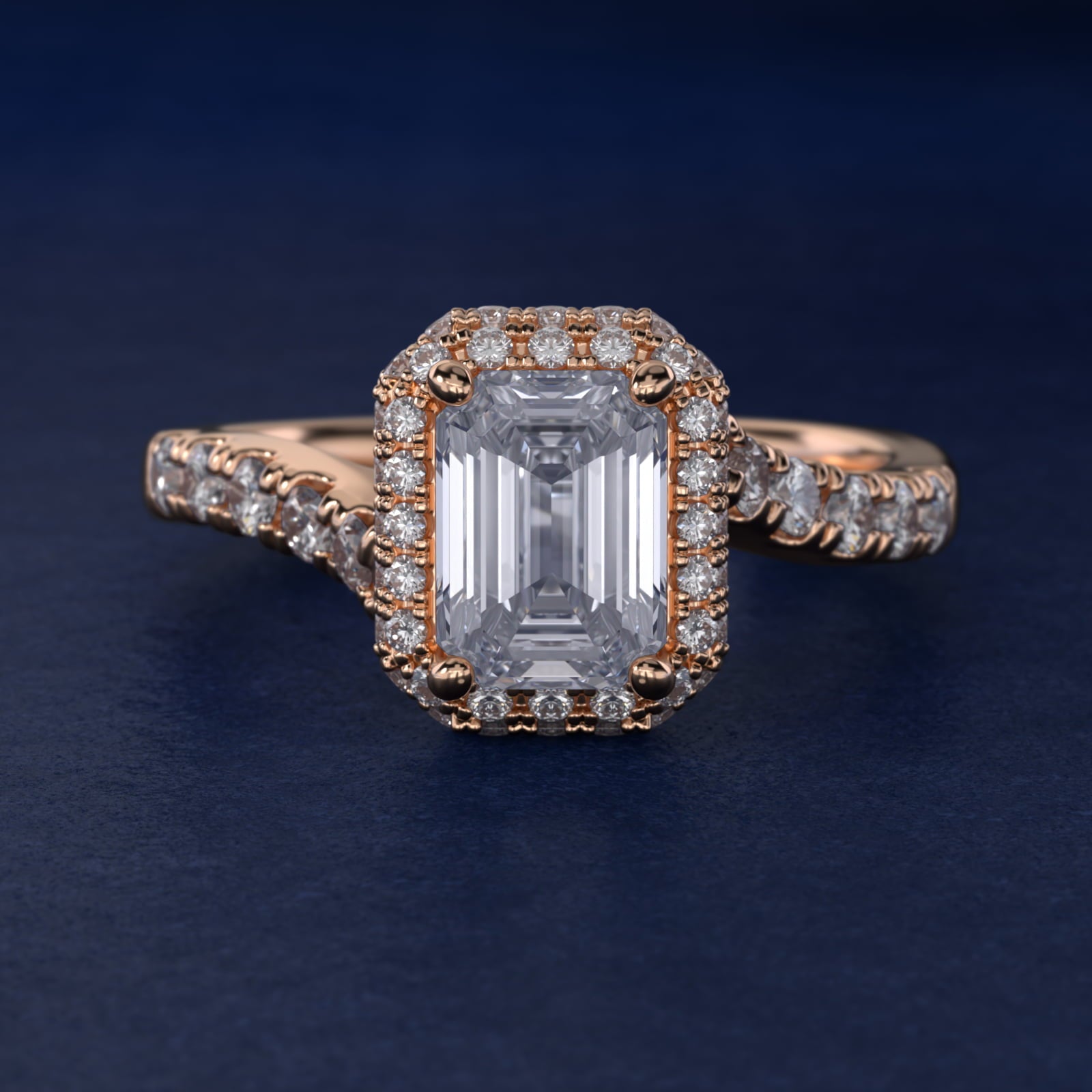 Swirl Rollover Halo Diamond Engagement Ring in 18k Rose Gold - Emerald Center