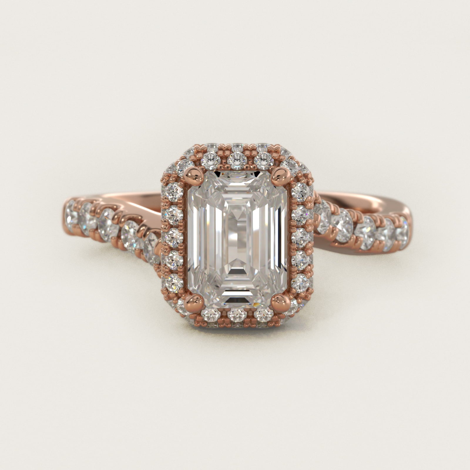 Swirl Rollover Halo Diamond Engagement Ring in 14k Rose Gold - Emerald Center