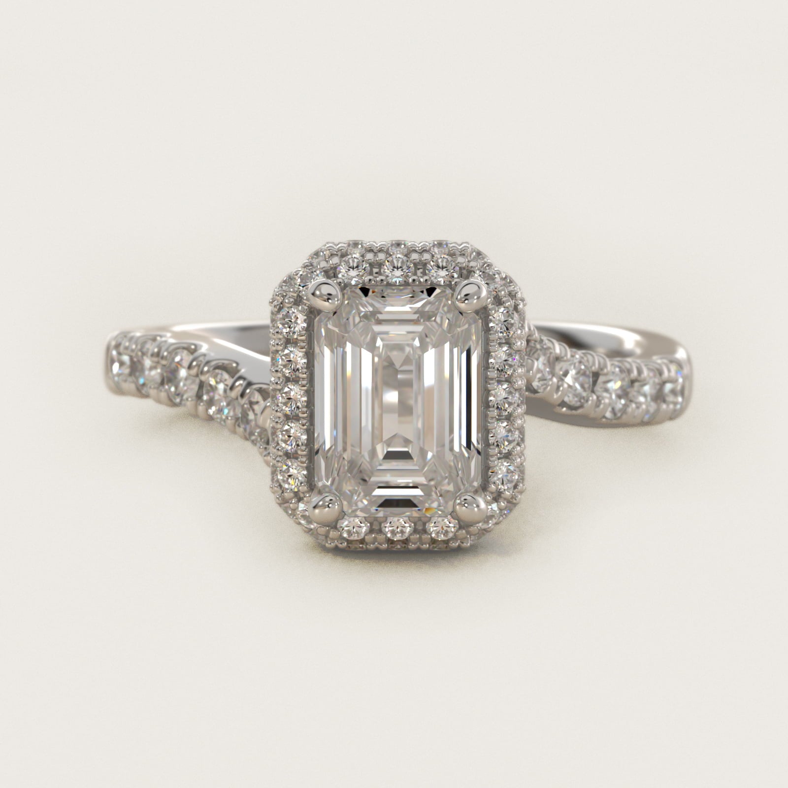 Swirl Rollover Halo Diamond Engagement Ring in 14k White Gold - Emerald Center