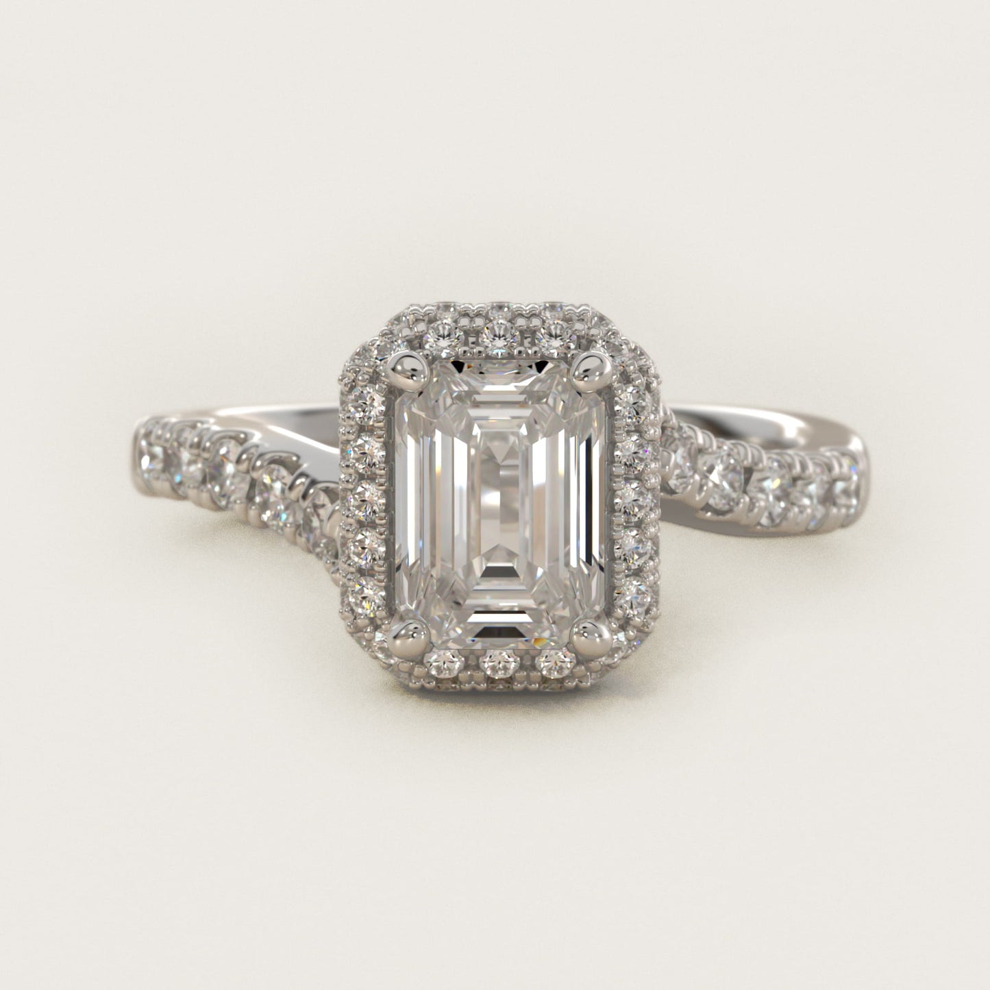 Swirl Rollover Halo Diamond Engagement Ring in 18k White Gold - Emerald Center