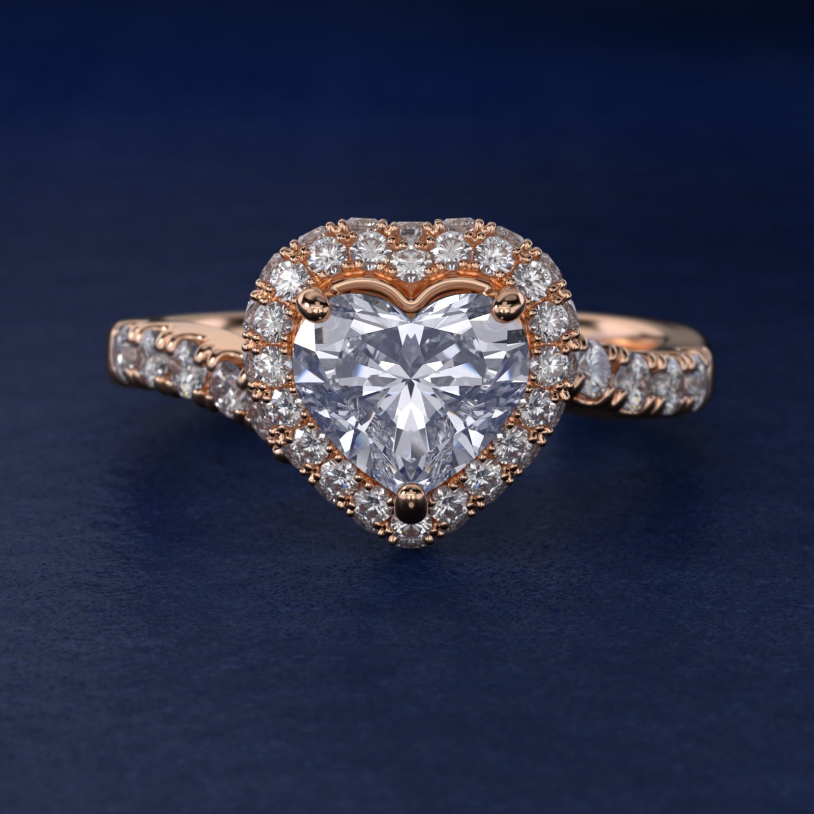 Swirl Rollover Halo Diamond Engagement Ring in 14k Rose Gold - Heart Center