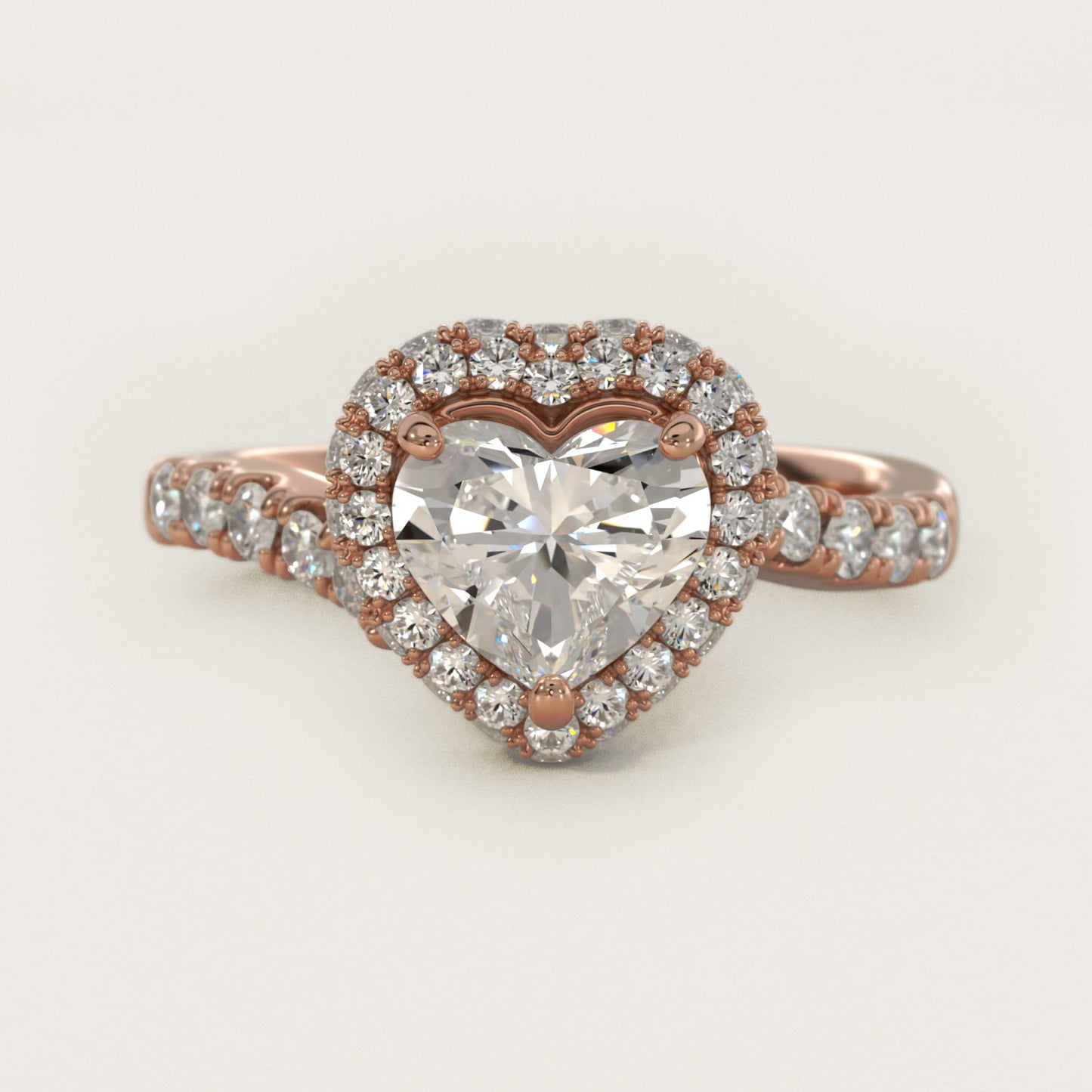 Swirl Rollover Halo Diamond Engagement Ring in 14k Rose Gold - Heart Center