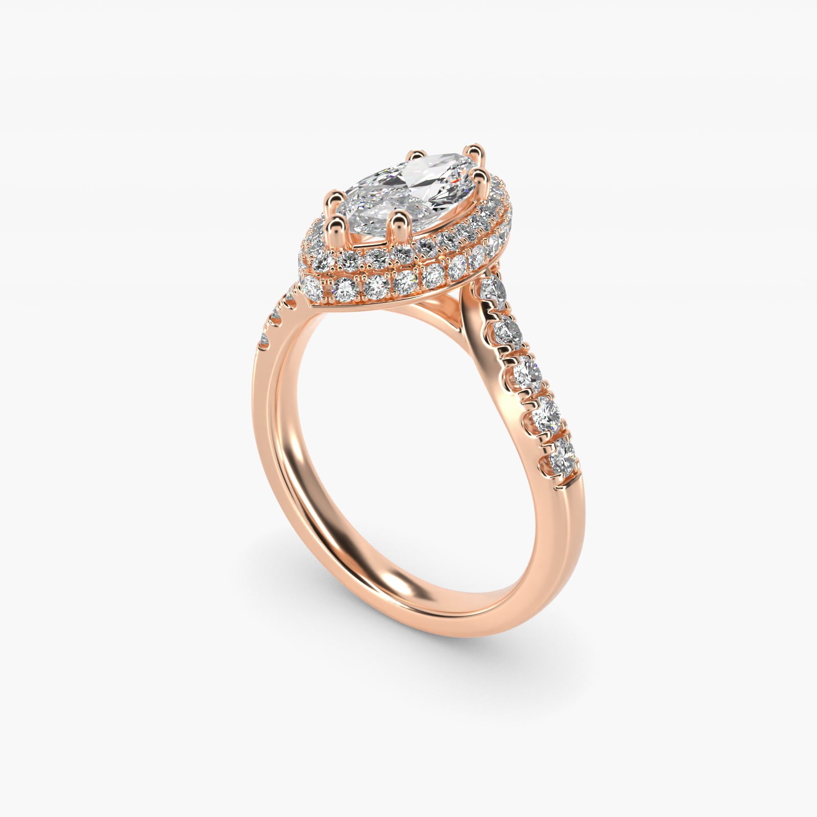 Swirl Rollover Halo Diamond Engagement Ring in 18k Rose Gold - Marquise Center