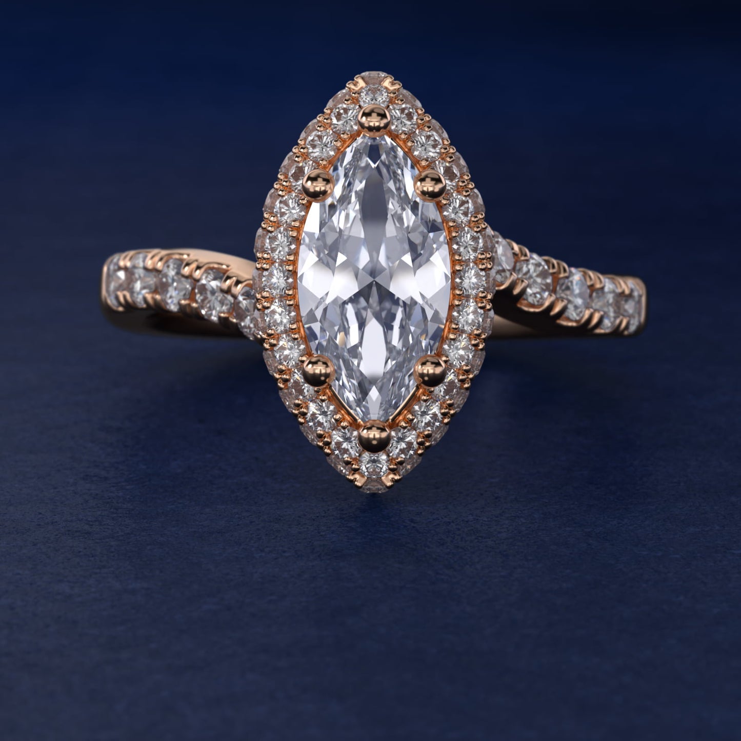 Swirl Rollover Halo Diamond Engagement Ring in 14k Rose Gold - Marquise Center