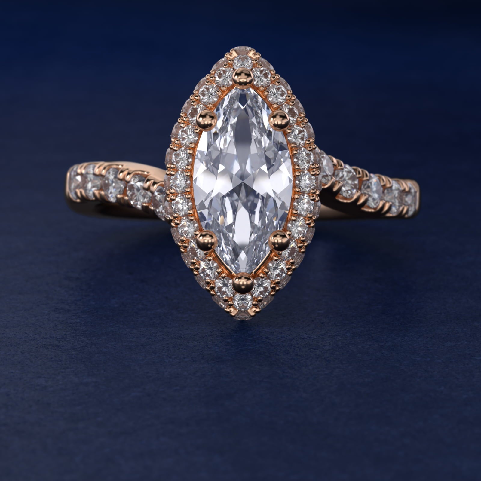 Swirl Rollover Halo Diamond Engagement Ring in 14k Rose Gold - Marquise Center