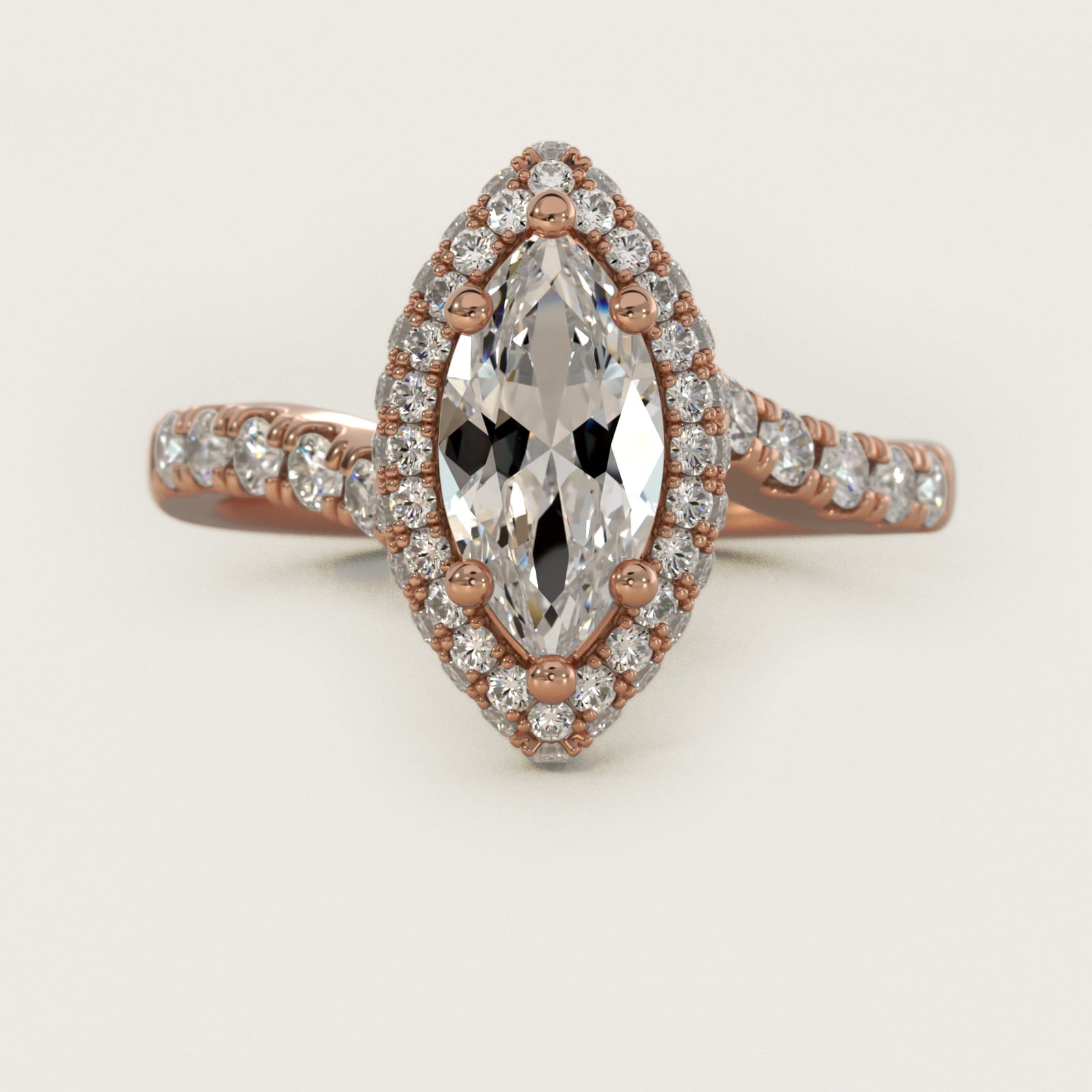 Swirl Rollover Halo Diamond Engagement Ring in 14k Rose Gold - Marquise Center