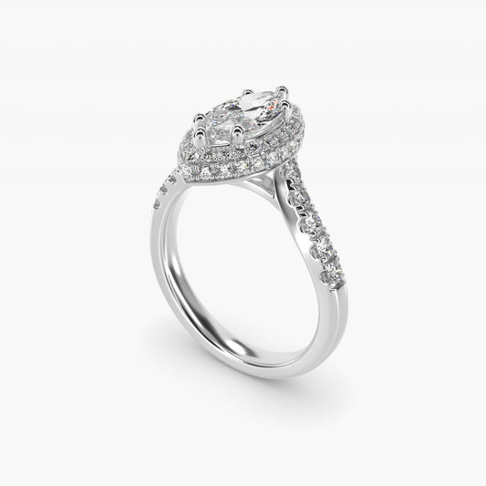 Swirl Rollover Halo Diamond Engagement Ring in 18k White Gold - Marquise Center
