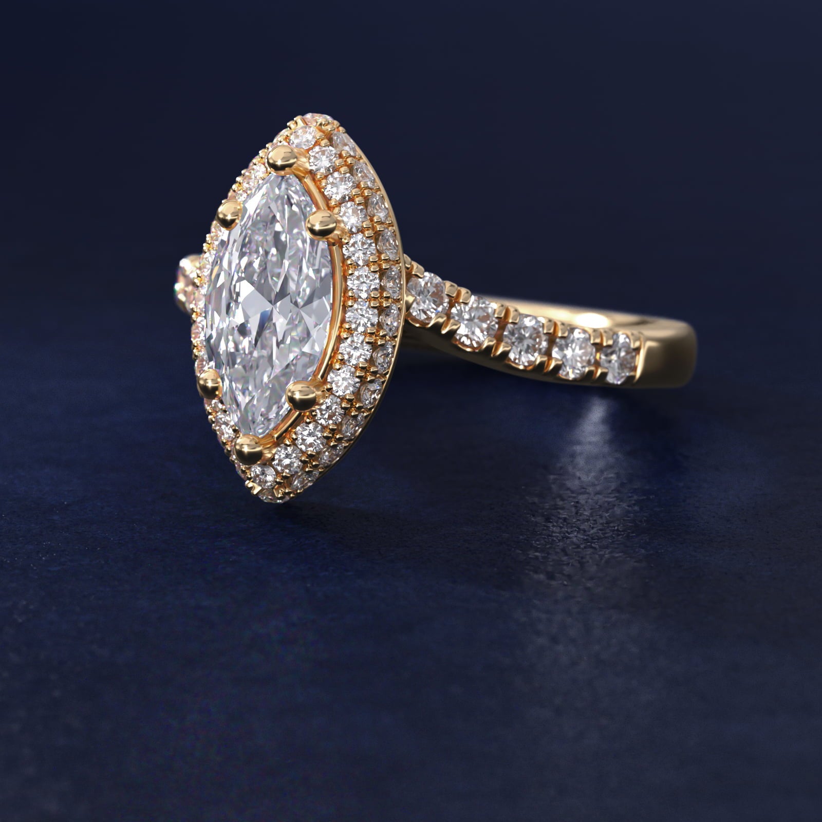 Swirl Rollover Halo Diamond Engagement Ring in 14k Yellow Gold - Marquise Center