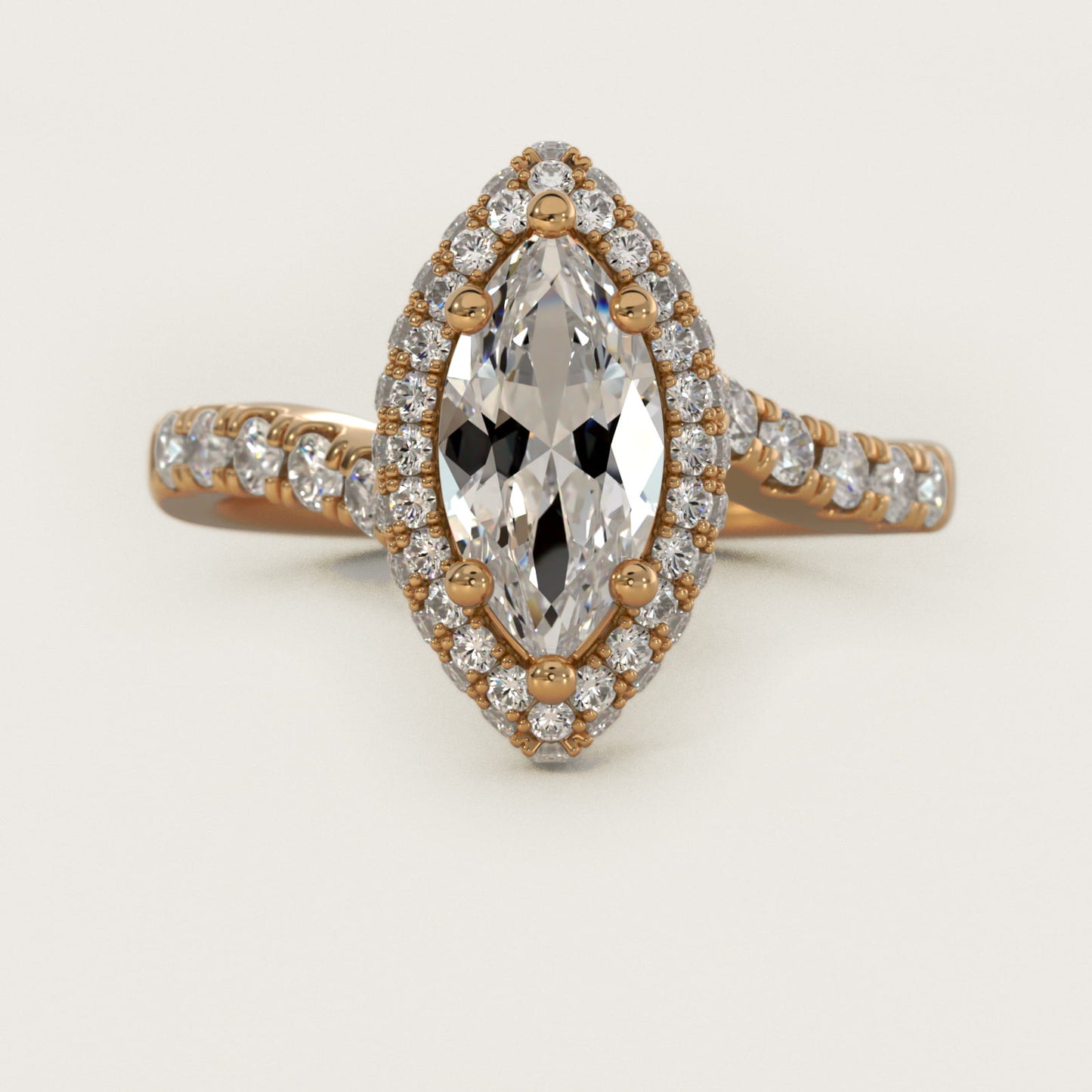 Swirl Rollover Halo Diamond Engagement Ring in 14k Yellow Gold - Marquise Center
